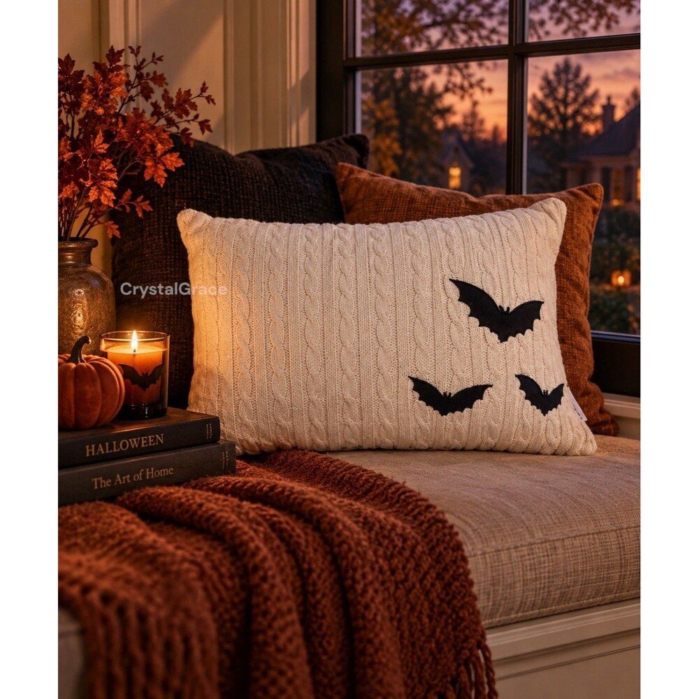 Cupcakes & Cashmere Halloween Bat Pillow Ivory Cableknit Spooky Fall Decor Viral